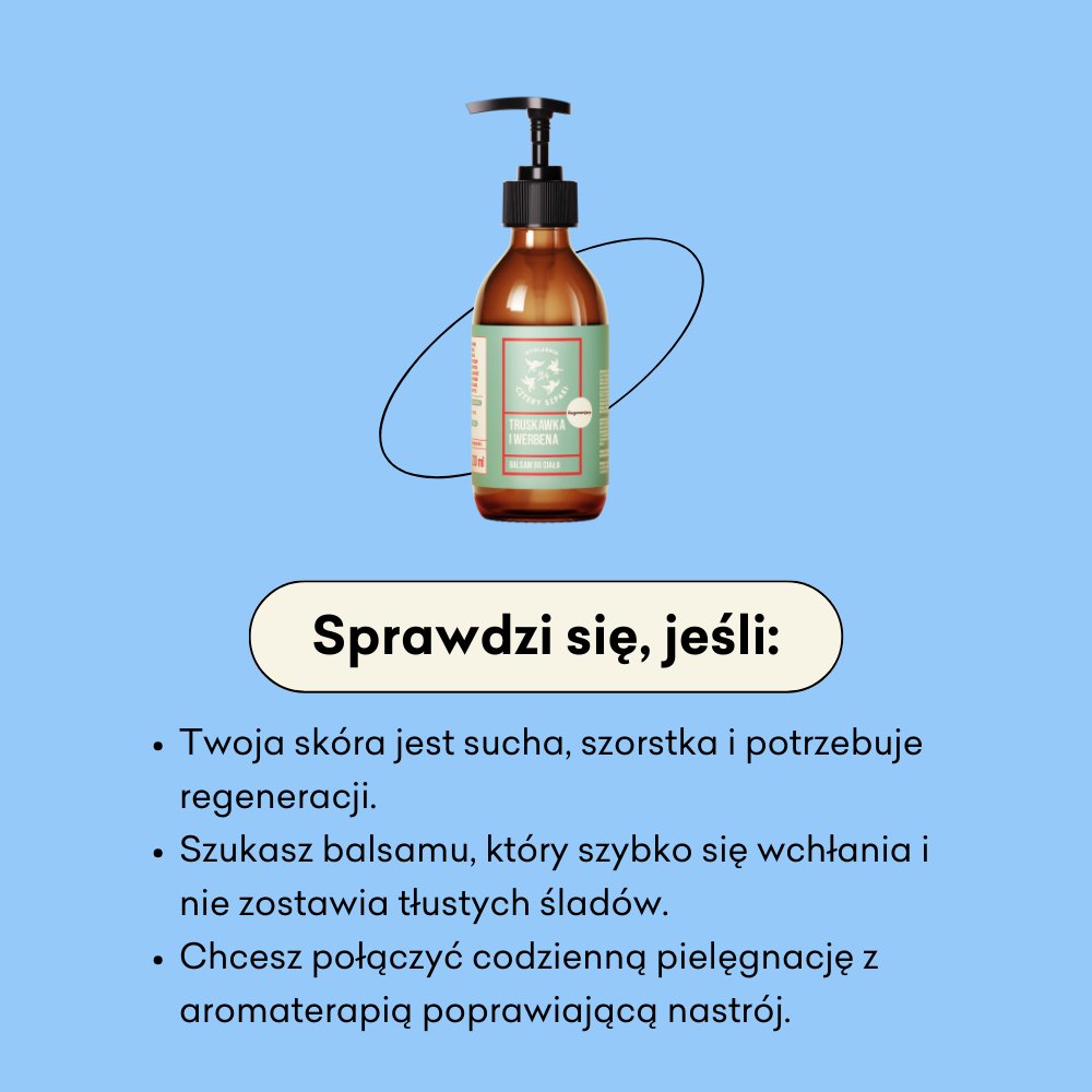 Butelka balsamu do ciała z pompką jest wyśrodkowana na niebieskim tle. Obok znajdują się polskie punkty tekstowe opisujące zalety balsamu, w tym szybkie wchłanianie, brak tłustych pozostałości i poprawiającą nastrój aromaterapię.