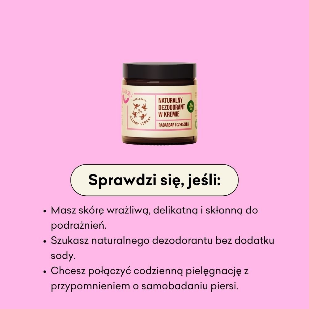 Słoiczek naturalnego dezodorantu w kremie z etykietą „Rabarbar i Czereśnia” stoi na różowym tle. Poniższy tekst wyszczególnia zalety: odpowiedni dla wrażliwej skóry, nie zawiera sody oczyszczonej i zachęca do samodzielnego badania piersi.