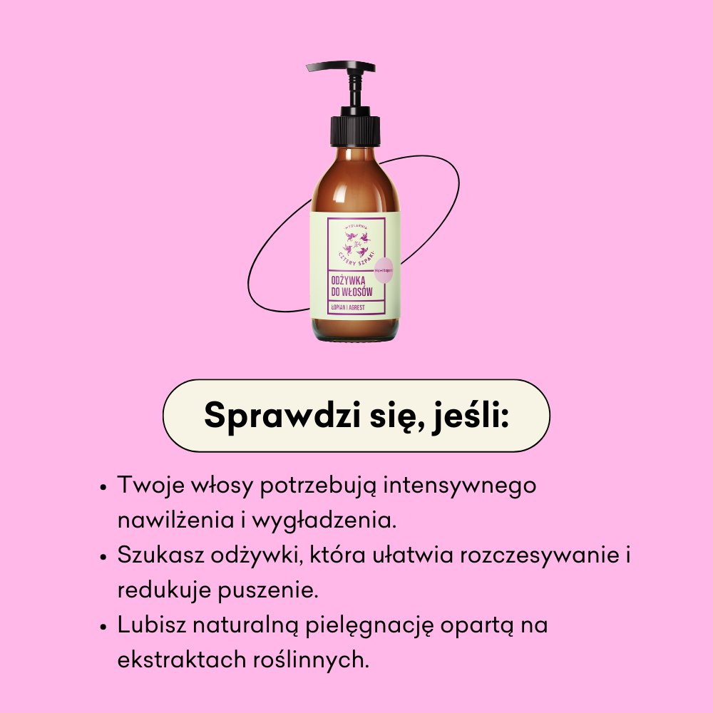 Butelka odżywki do włosów z dozownikiem w postaci pompki ustawiona jest na różowym tle. Na etykiecie wskazano, że zawiera łopian i agrest. Towarzyszący tekst podkreśla korzyści, takie jak intensywne nawilżenie, wygładzenie, rozczesywanie i pielęgnacja opa