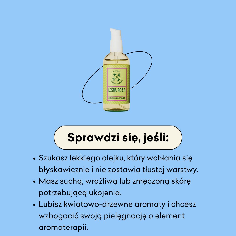 Olejek Leśna Róża sprawdzi się, jeśli szukasz lekkiego olejku, który wchłania się błyskawicznie i nie zostawia tłustej warstwy.