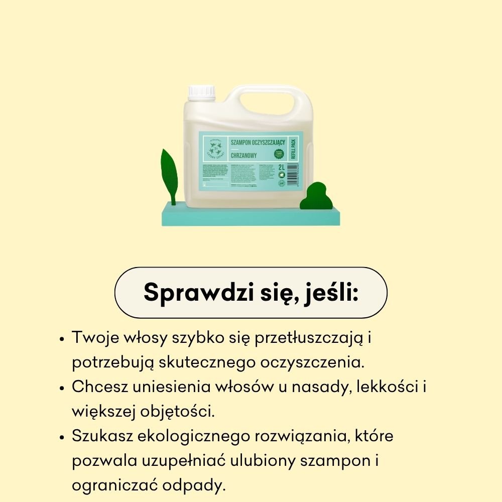 Szampon oczyszczający chrzanowy sprawdzi się, jeśli Twoje włosy szybko się przetłuszczają i potrzebują skutecznego oczyszczenia. 