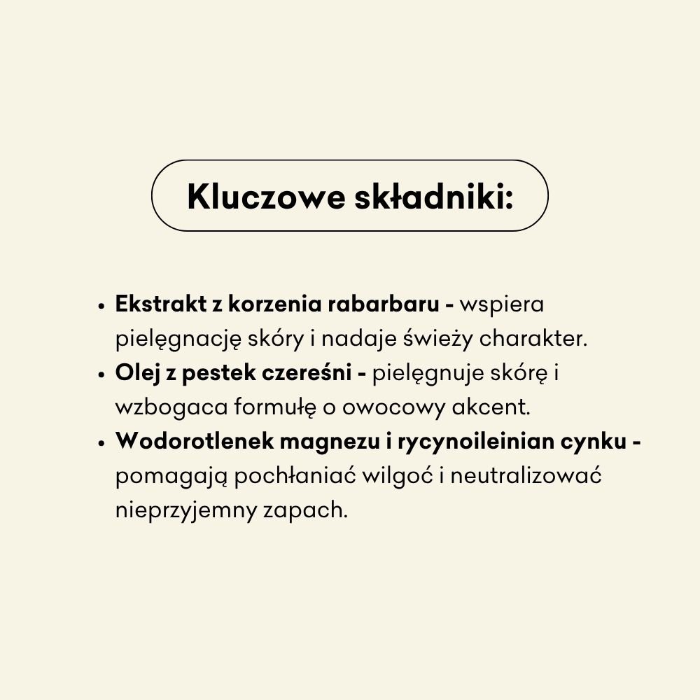 Lista kluczowych składników w języku polskim na kremowym tle, podkreślające masło shea chroniące skórę, olej z pestek wiśni działający odżywiająco i regenerująco oraz ekstrakt z korzenia rabarbaru zapewniający świeżość i wsparcie pielęgnacyjne.