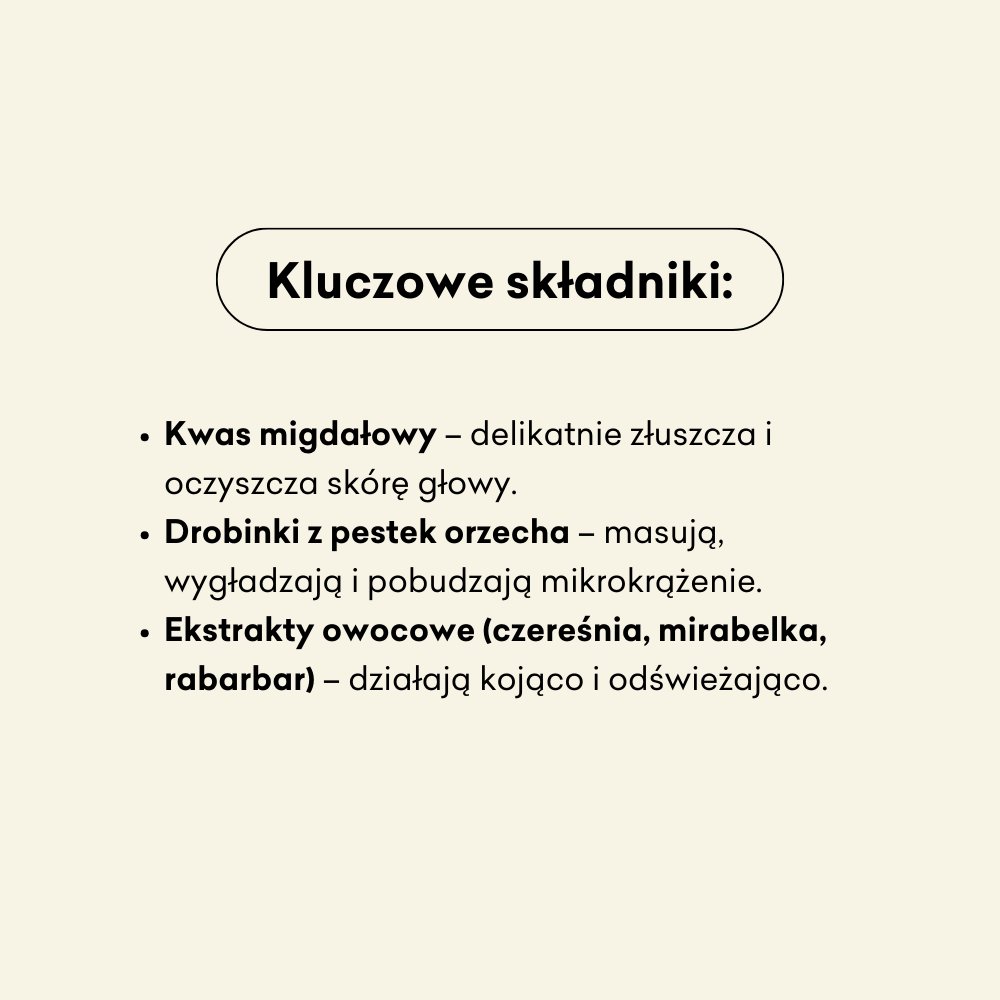 Kluczowe składniki peelingu Rabarbar i Czereśnia to kwas migdałowy, drobinki z pestek orzecha i ekstrakty owocowe.