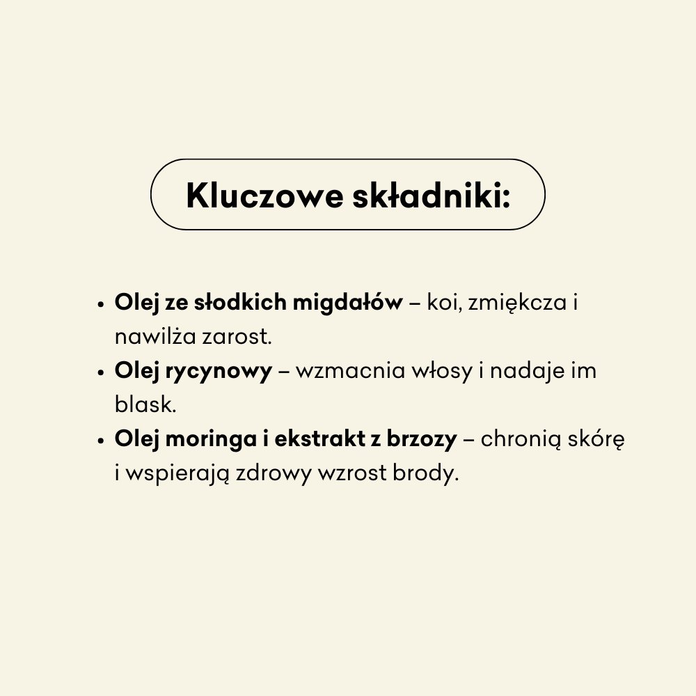 Kluczowe składniki olejku do brody Leśny to olej ze słodkich migdałów, olej rycynowy i olej moringa. 