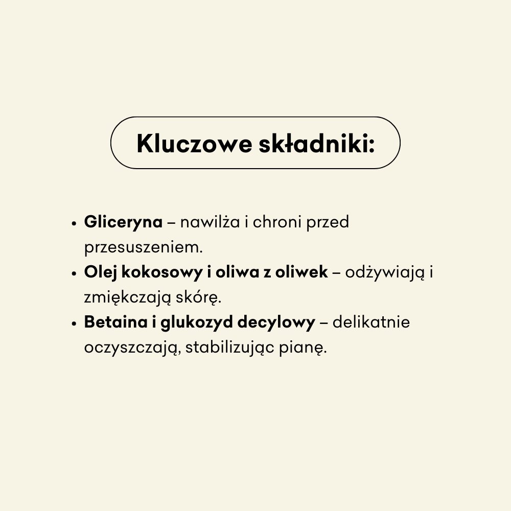 Kluczowe składniki mydła w płynie Korzenna Kola to gliceryna, olej kokosowy i oliwa z oliwek.
