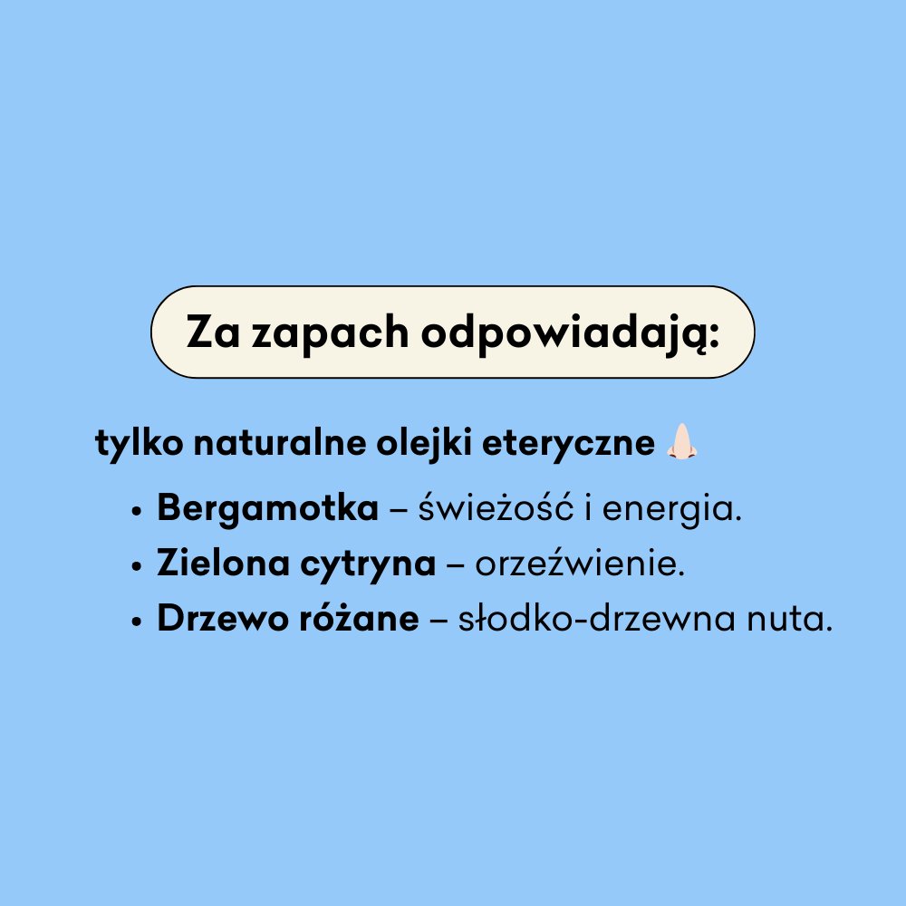 Infografika dotycząca olejków eterycznych, tj. bergamotka, zielona cytryna i drzewo różane, które odpowiedzialne są za zapach produktu. 