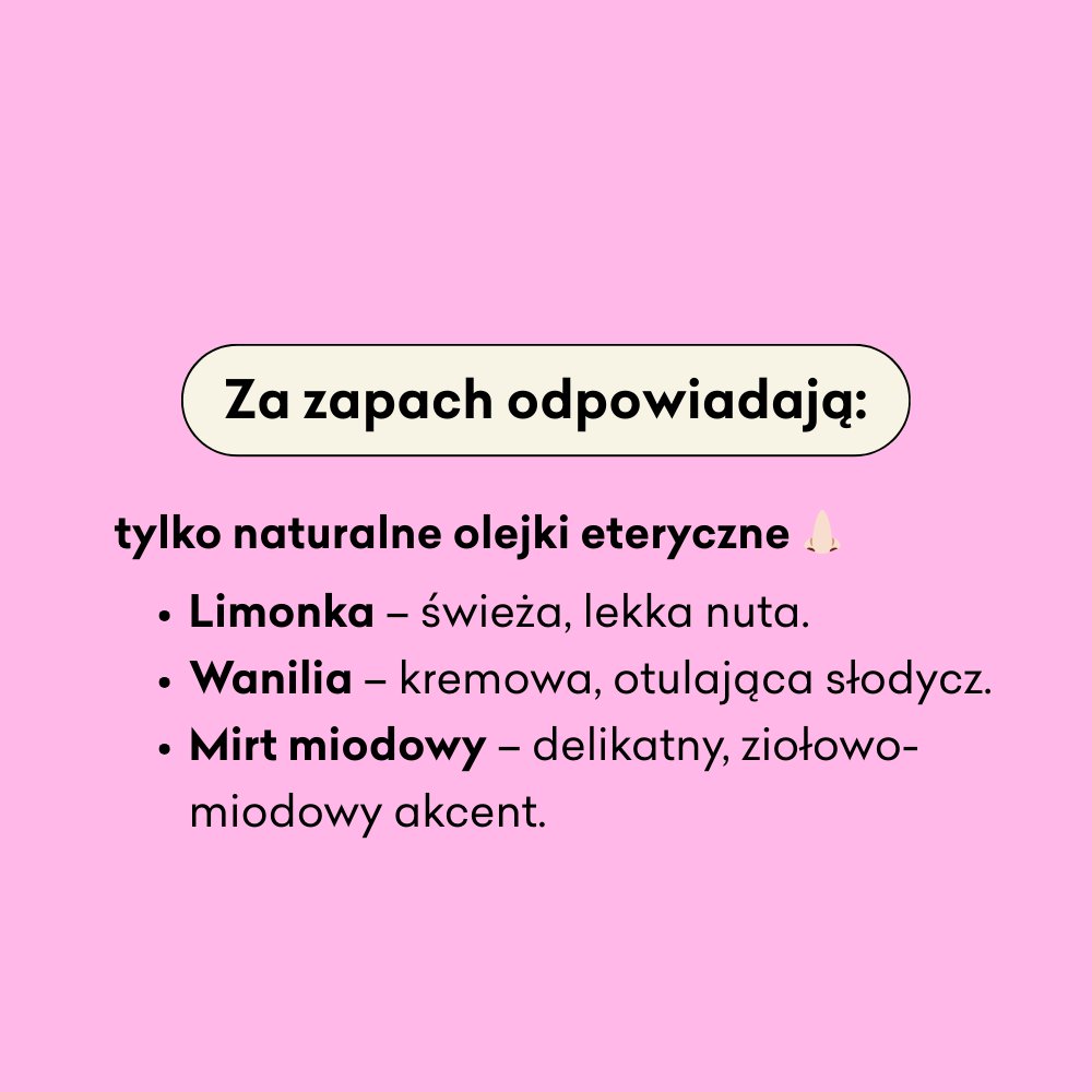 Za zapach peelingu odpowiadają olejki eteryczne: limonka, wanilia i mirt miodowy.