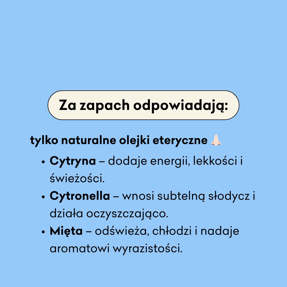 Za zapach świecy odpowiadają olejki eteryczne: cytryna, cytronella i mięta. 