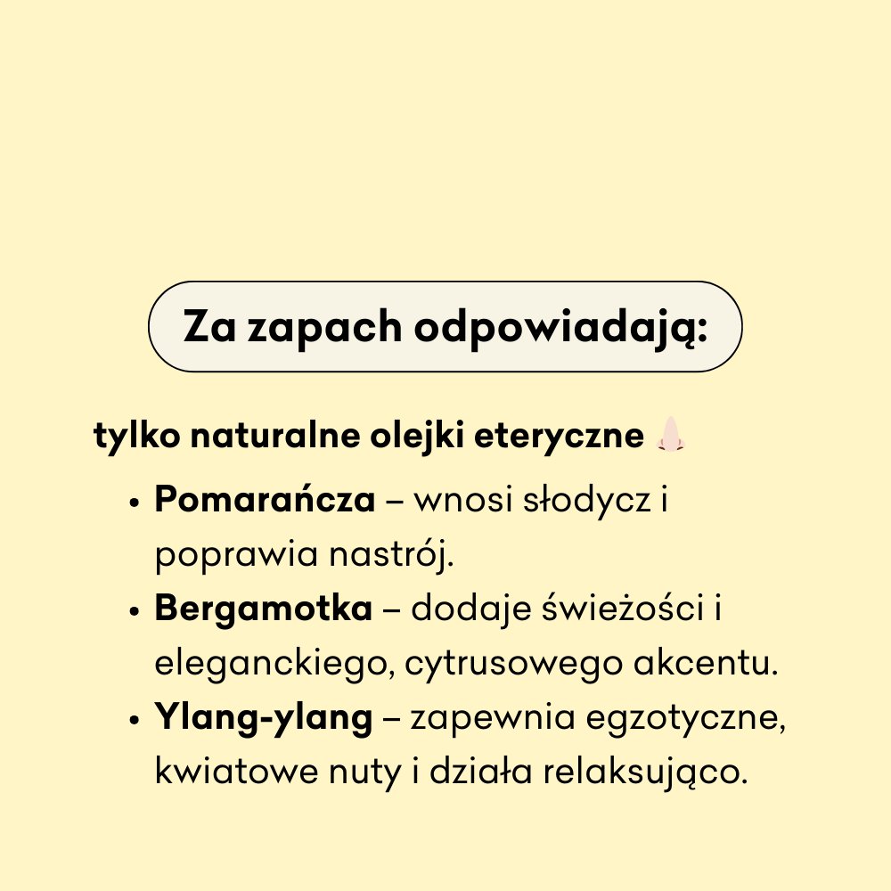 Za zapach świecy odpowiadają olejki eteryczne: pomarańcza, bergamotka i ylang-ylang. 