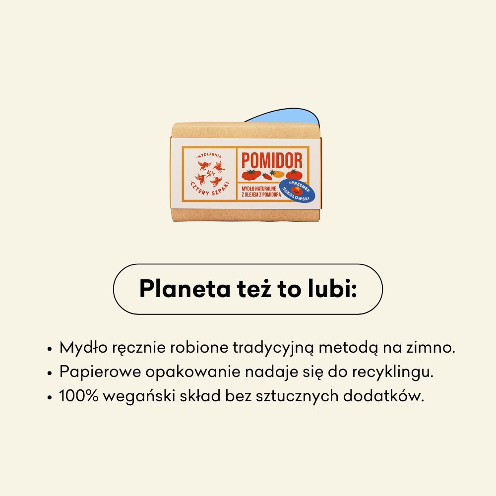 Mydło w kostce pomidor to 100% wegański skład bez sztucznych dodatków. 