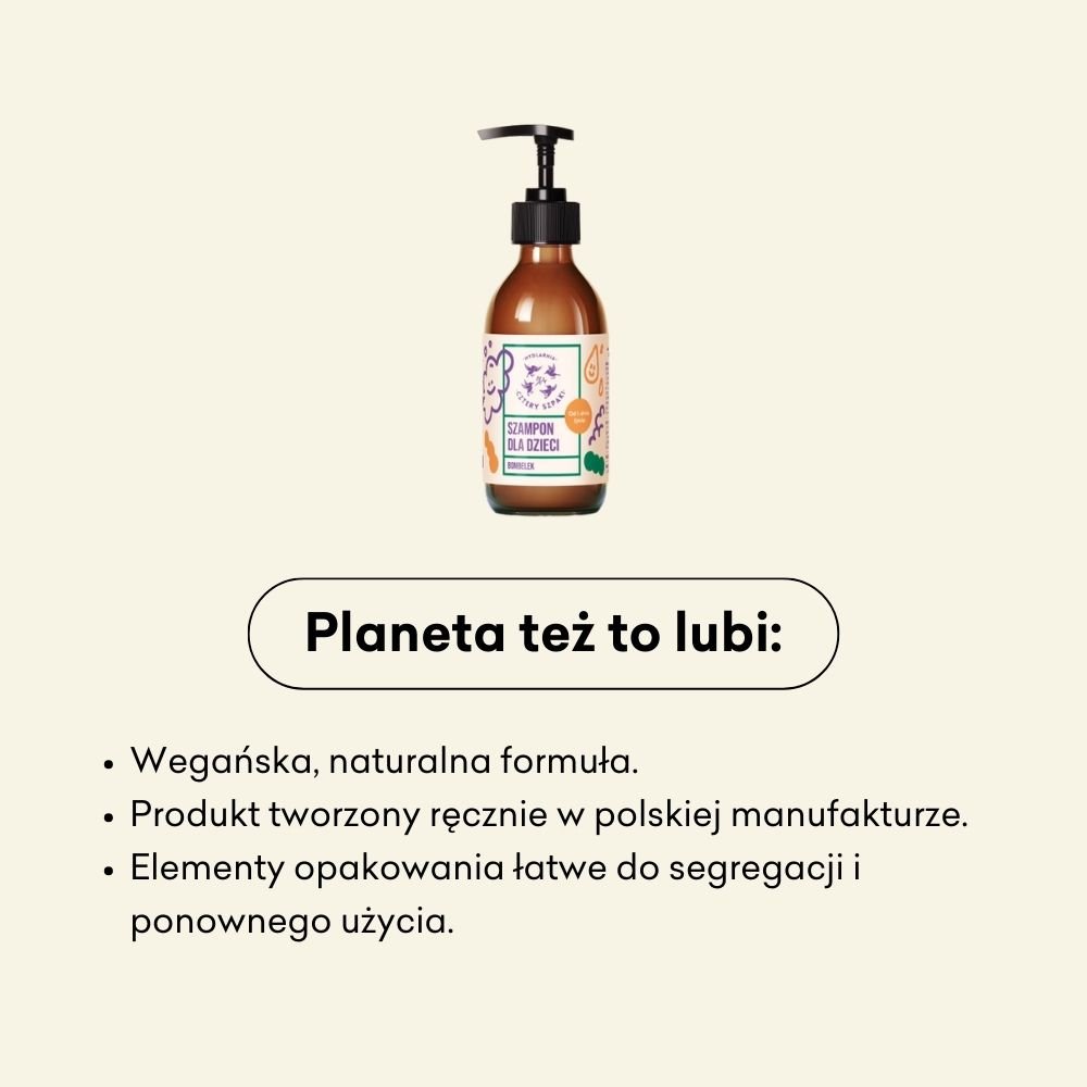 Szampon dla dzieci Bombelek to wegańska, naturalna formuła. To produkt tworzony ręcznie w polskiej manufakturze. 