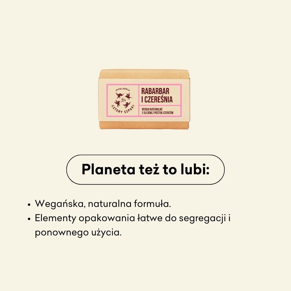 Mydło Rabarbar i Czereśnia to wegańska, naturalna formuła. 