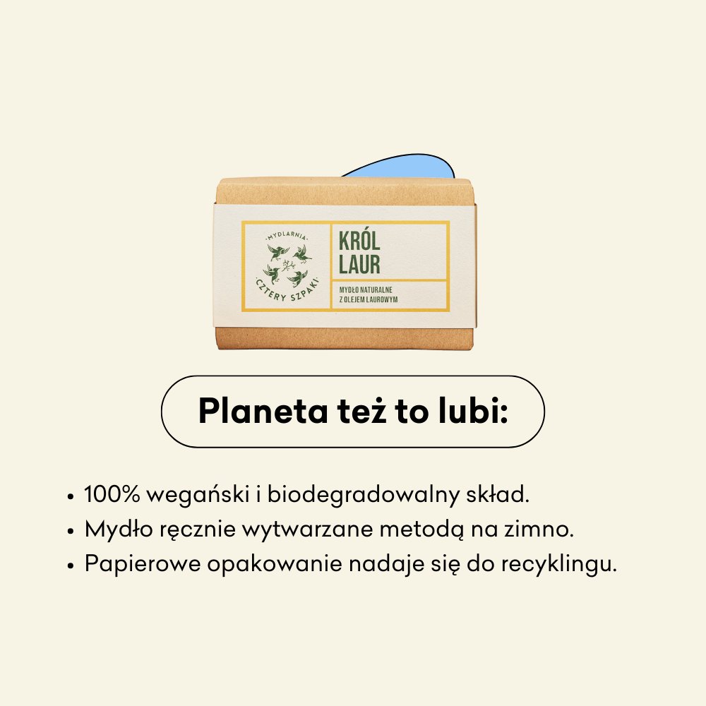 Mydło w kostce Król Laur to 100% wegański i biodegradowalny skład.