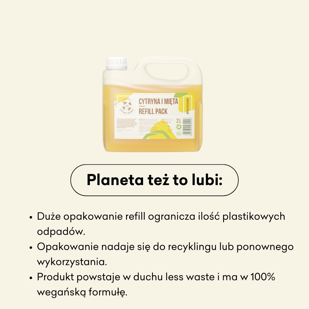 Mydło w płynie Cytryna i mięta to duże opakowanie refill, które ogranicza ilość plastikowych odpadów.