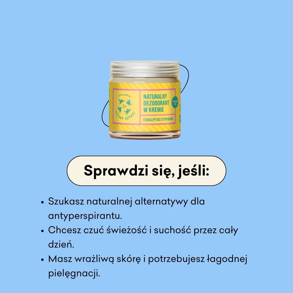 Dezodorant Eukaliptus Cytrynowy sprawdzi się, jeśli szukasz naturalnej alternatywy dla antyperspirantu. 