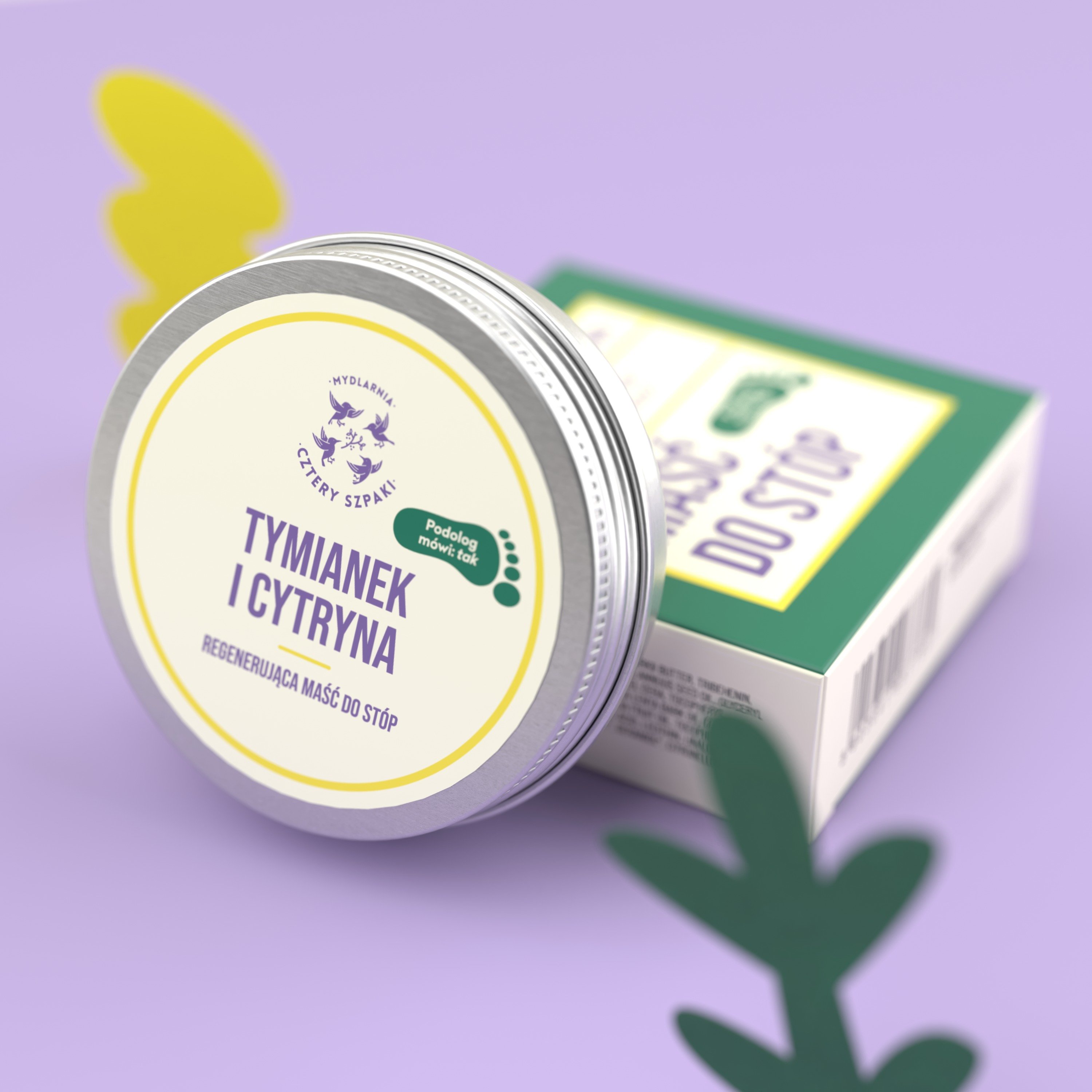 Zbliżenie na aluminiową puszkę z maścią do stóp Tymianek i Cytryna. 