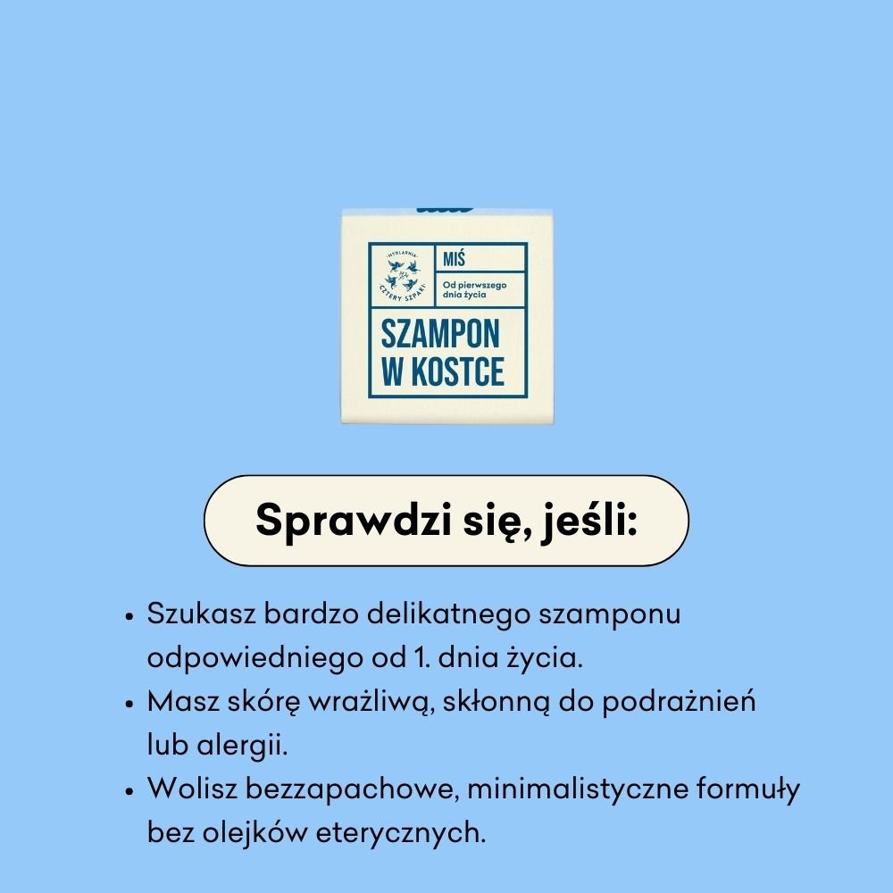 Szampon w kostce Miś sprawdzi się, jeśli szukasz bardzo delikatnego szamponu odpowiedniego od 1. dnia życia. 