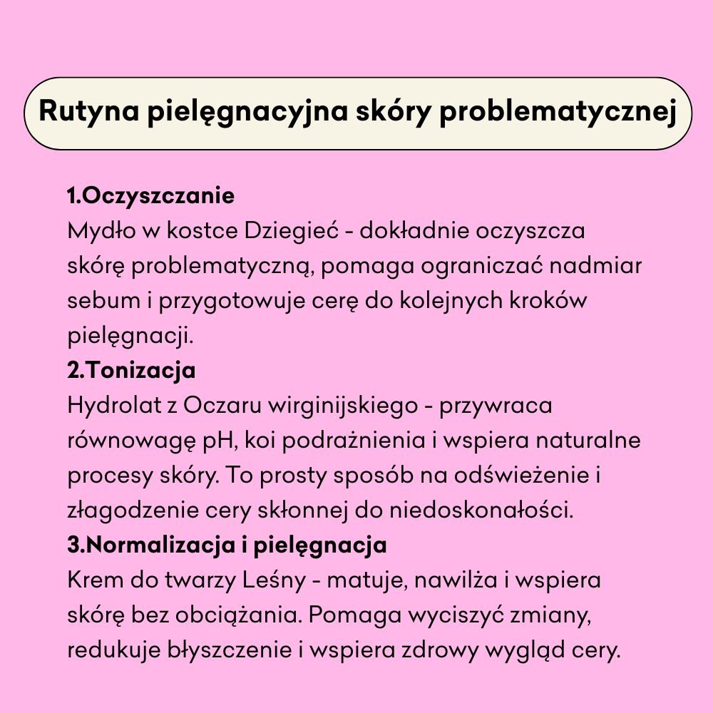 Rutyna pielęgnacyjna skóry problematycznej: krok 1. Oczyszczanie - mydło w kostce Dziegieć, krok 2. Tonizacja - hydrolat z Oczaru Wirginijskiego, krok 3. Normalizacja i pielęgnacja - krem do twarzy Leśny. 