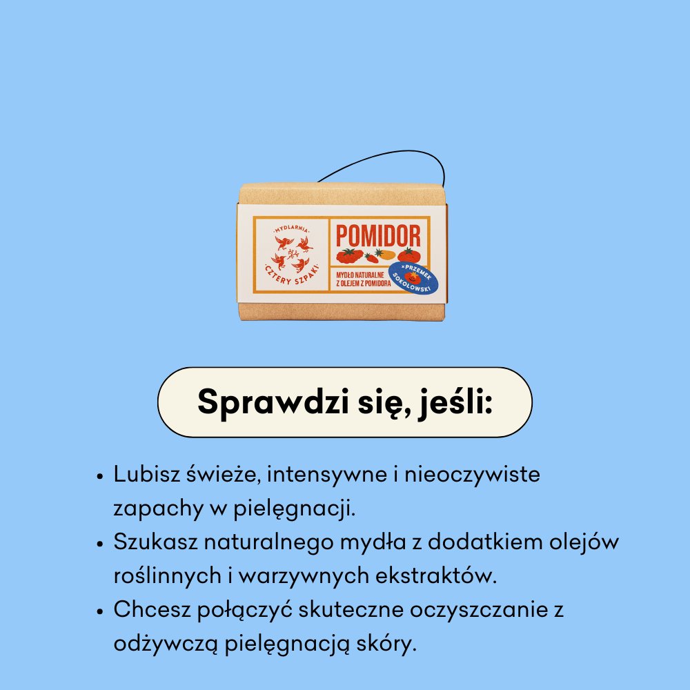 Mydło Pomidor sprawdzi się, jeśli lubisz świeże, intensywne i nieoczywiste zapachy w pielęgnacji. 