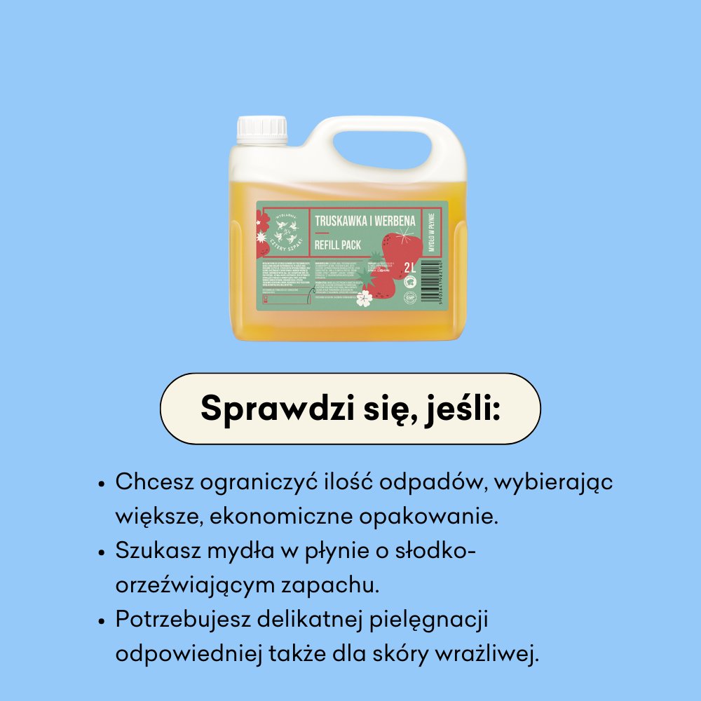 Mydło w płynie Truskawka i werbena refill pack sprawdzi się, jeśli chcesz ograniczyć ilość odpadów, wybierając większe, ekonomiczne opakowanie.
