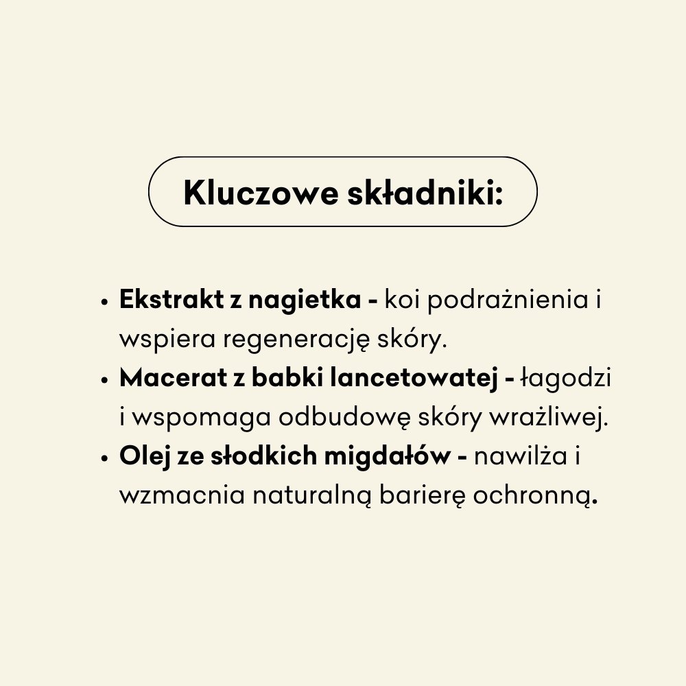 Kluczowe składniki zestawu to ekstrakt z nagietka, macerat z babki lancetowatej oraz olej ze słodkich migdałów. 