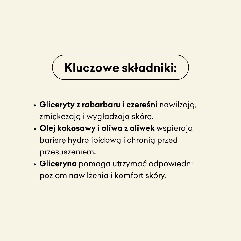 Kluczowe składniki mydła to gliceryt z rabarbaru i czereśni, które nawilżają, zmiękczają i wygładzają skórę. 