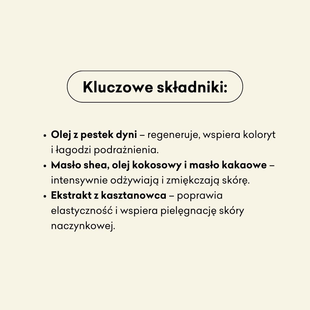 Kluczowe składniki mydła Dynia i Kardamon to olejek z pestek dyni, masło shea i ekstrakt z kasztanowca.