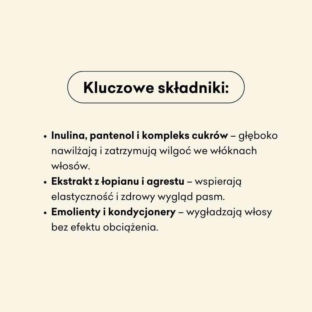 Lista kluczowych składników w języku polskim na beżowym tle, rozświetlająca inulina, pantenol i kompleks cukrowy zatrzymujące wilgoć, ekstrakty z łopianu i agrestu nadające elastyczność oraz emolienty i odżywki wygładzające włosy bez ich obciążania.