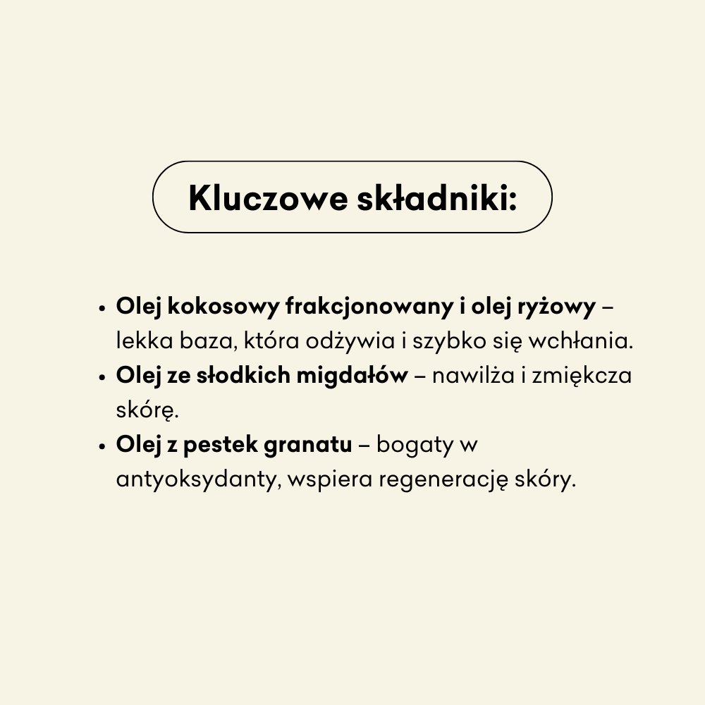 Kluczowe składniki olejku Leśna Róża to olej kokosowy, olej ryżowy i olej ze słodkich migdałów.