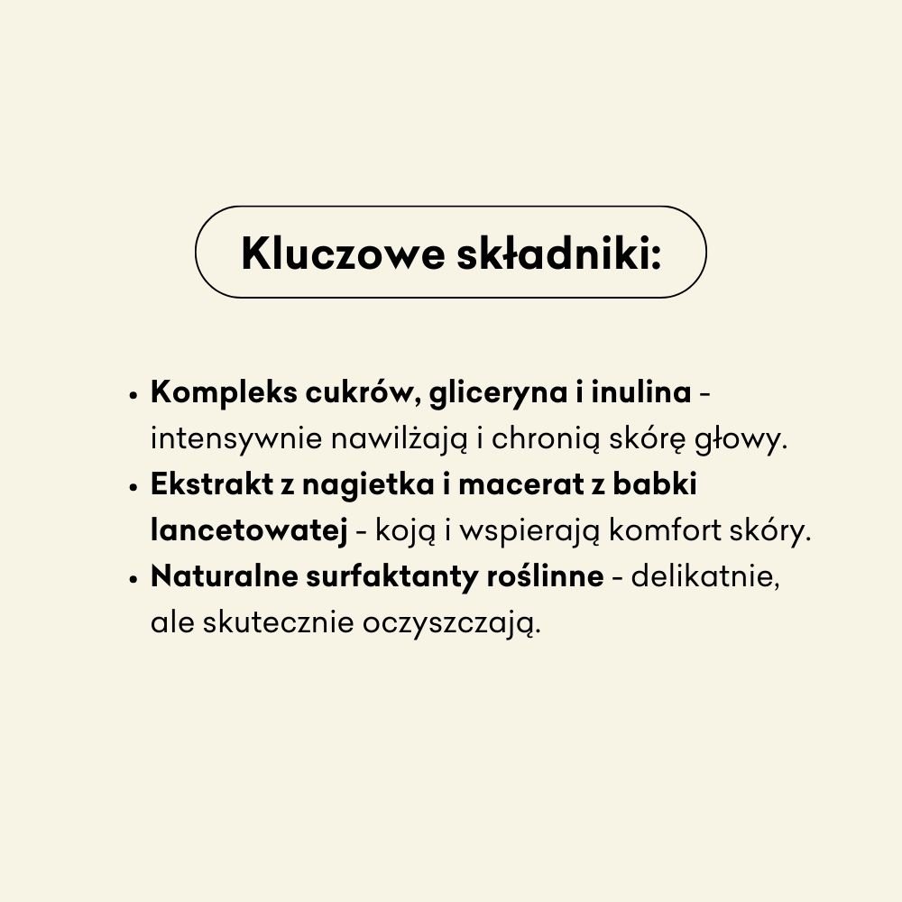 Kluczowe składniki szamponu Bobmelek to kompleks cukrów, gliceryna i inunlina, które intensywnie nawilżają i chronią skórę głowy. 
