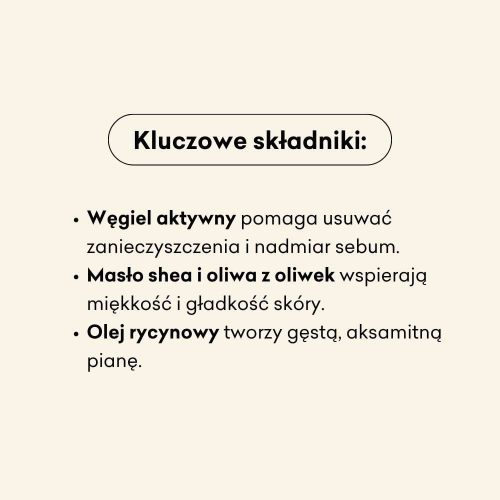 Kluczowe składniki to węgiel aktywny, masło shea, oliwa z oliwek i olej rycynowy.