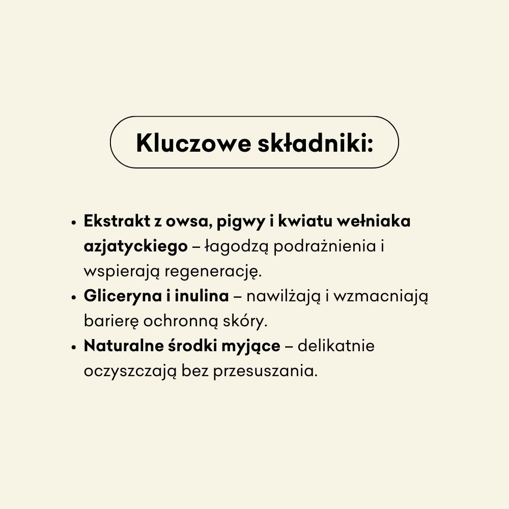 Kluczowe składniki żelu do higieny intymnej to ekstrakt z owsa, pigwy i kwiatu wełniaka azjatyckiego.