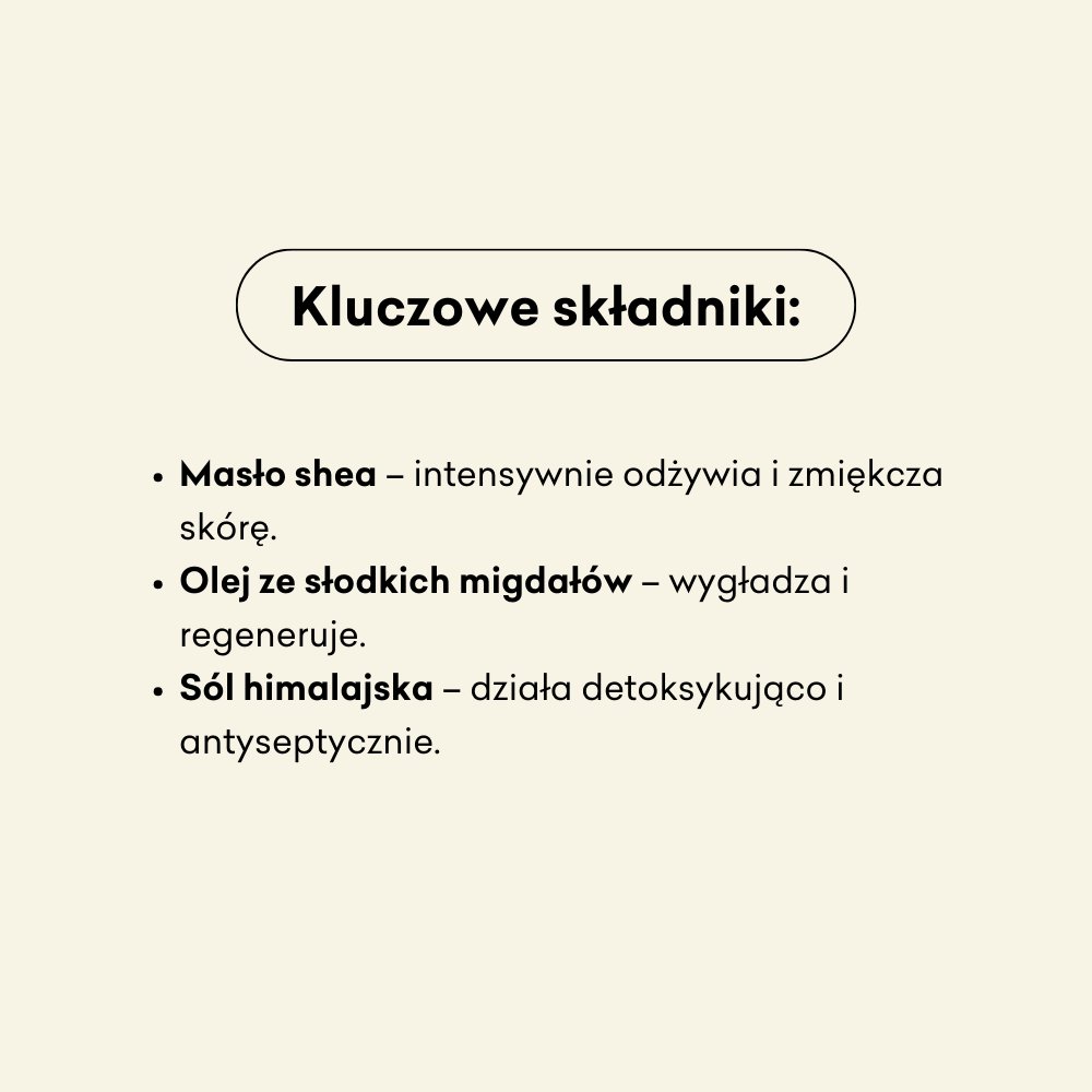 Kluczowe składniki półkuli kąpielowej Słona Lawenda to masło shea, olej ze słodkich migdałów i sól himalajska.