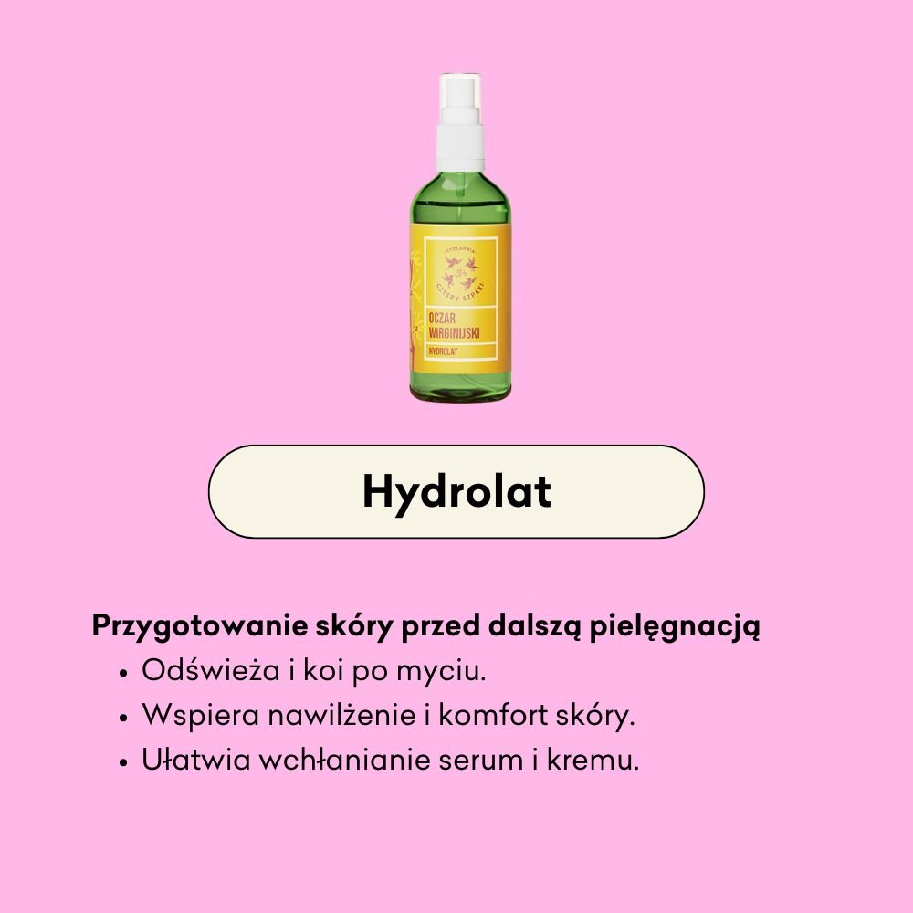Hydrolat odświeża i koi po myciu, wspiera nawilżenie i komfort skóry oraz ułatwia wchłanianie serum i kremu. 