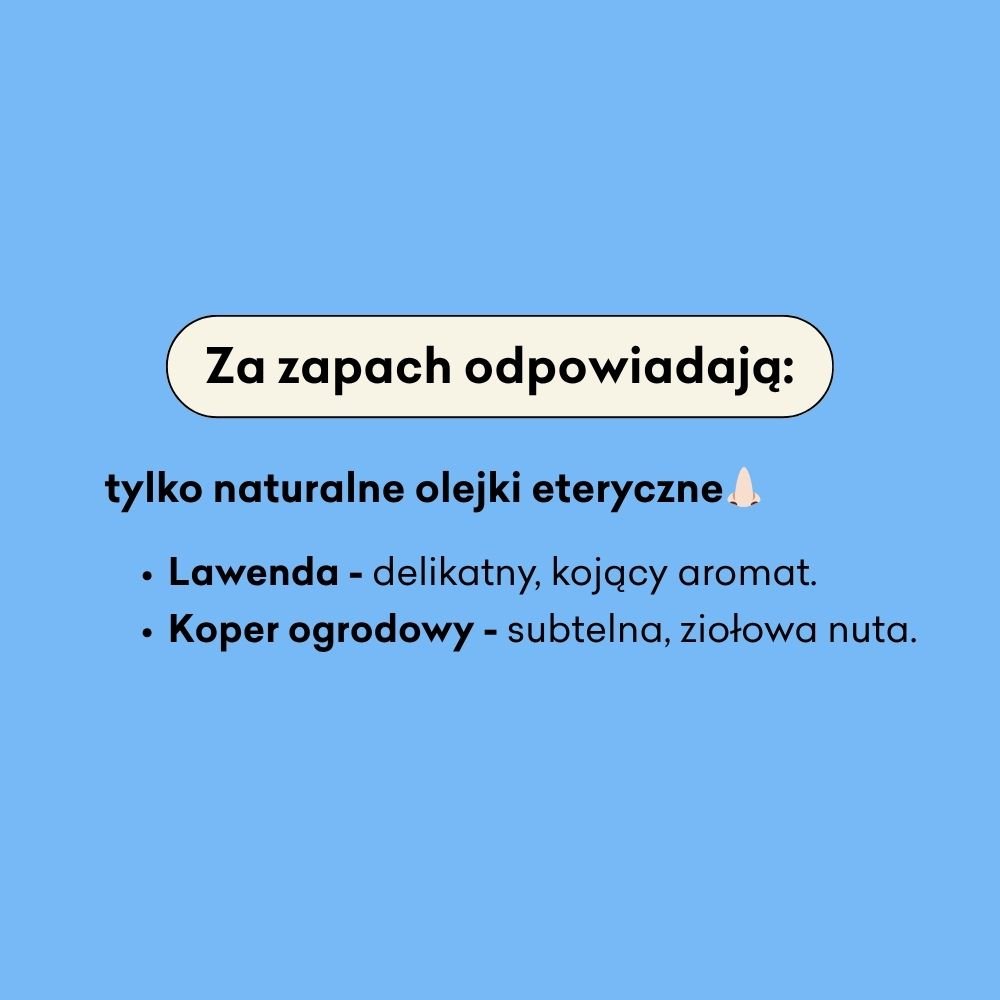 Za zapach odpowiadają tylko naturalne olejki eteryczne: lawenda i koper ogrodowy. 