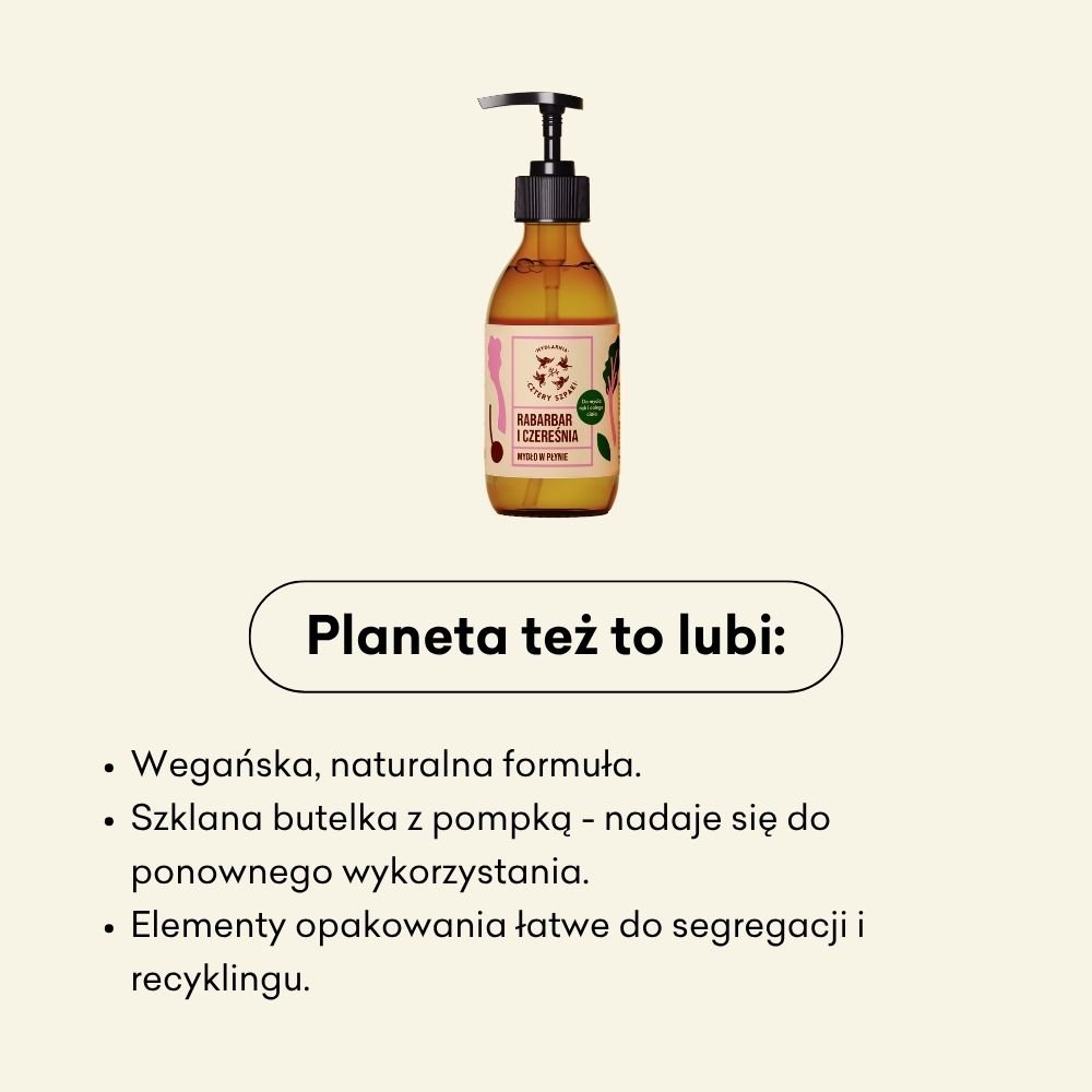 Mydło w płynie Rabarbar i Czereśnia to wegańska, naturalna formuła. 