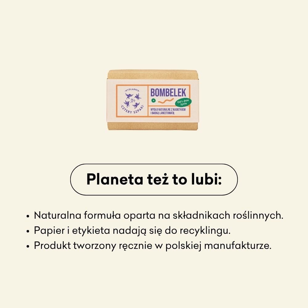 Mydło Bombelek to naturalna formuła oparta na składnikach roślinnych. 
