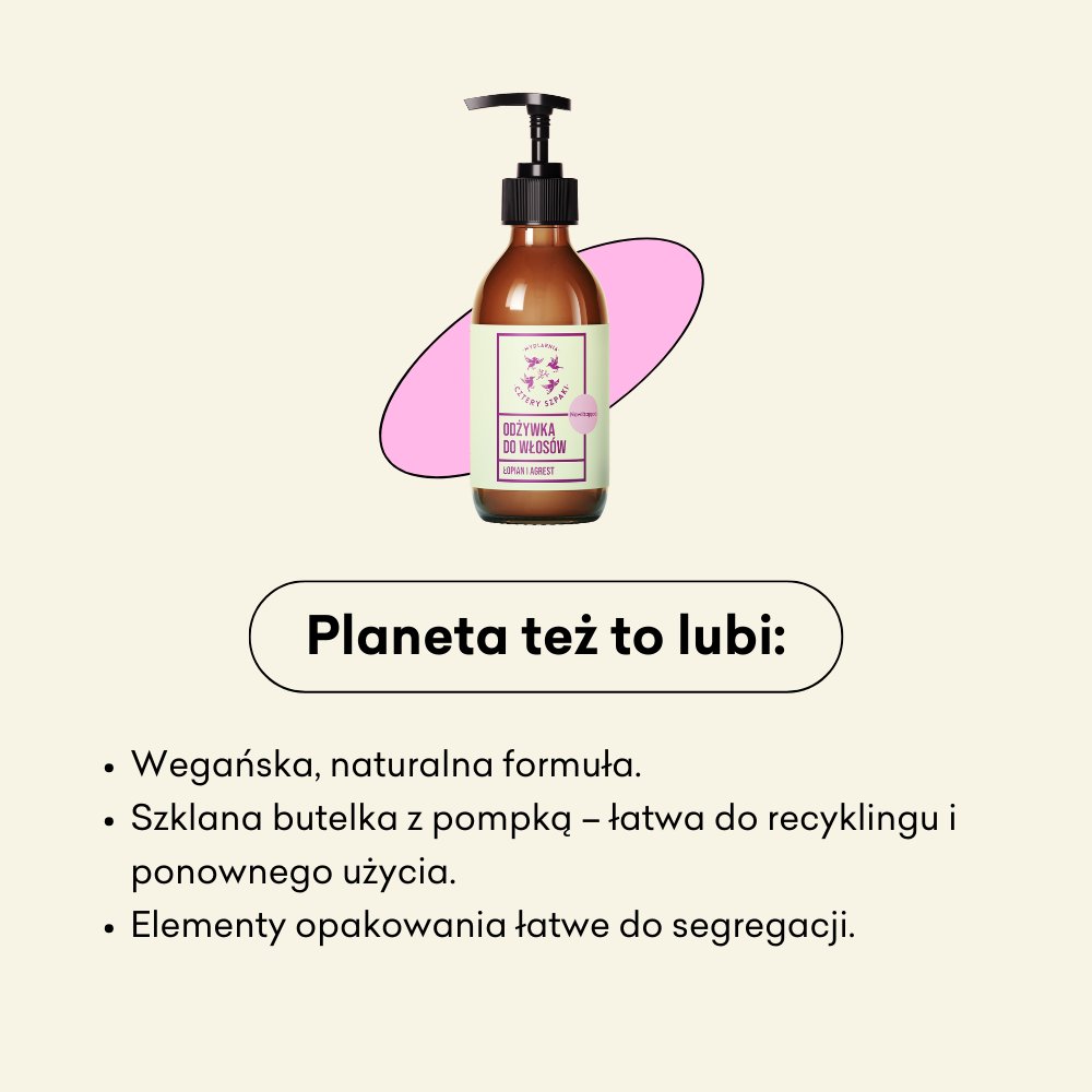 Brązowa szklana butelka z pompką z napisem „Odżywka do włosów” z różowo-zielonym wzorem, ustawiona na jasnym tle, opatrzona tekstem podkreślającym wegańską, naturalną formułę i ekologiczne opakowanie.