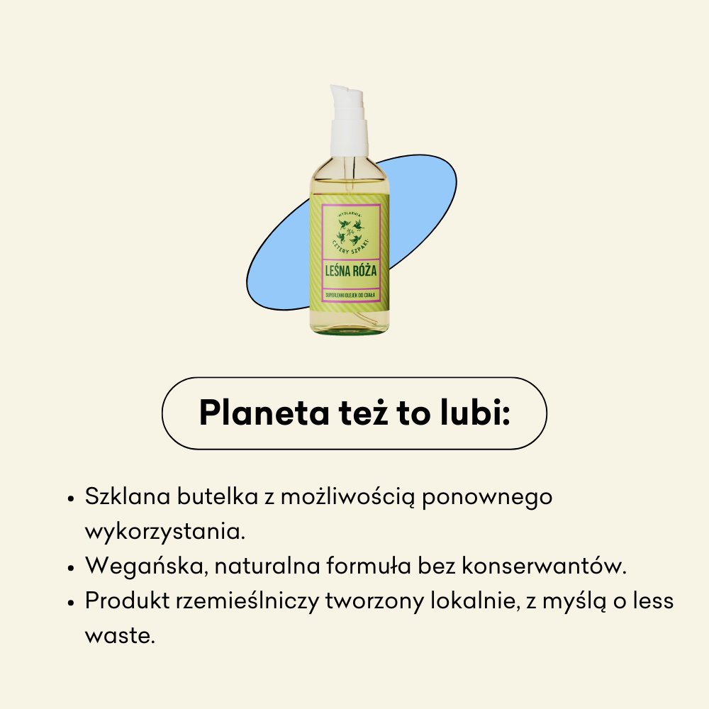Olejek Leśna Róża to szklana butelka z możliwością ponownego wykorzystania.