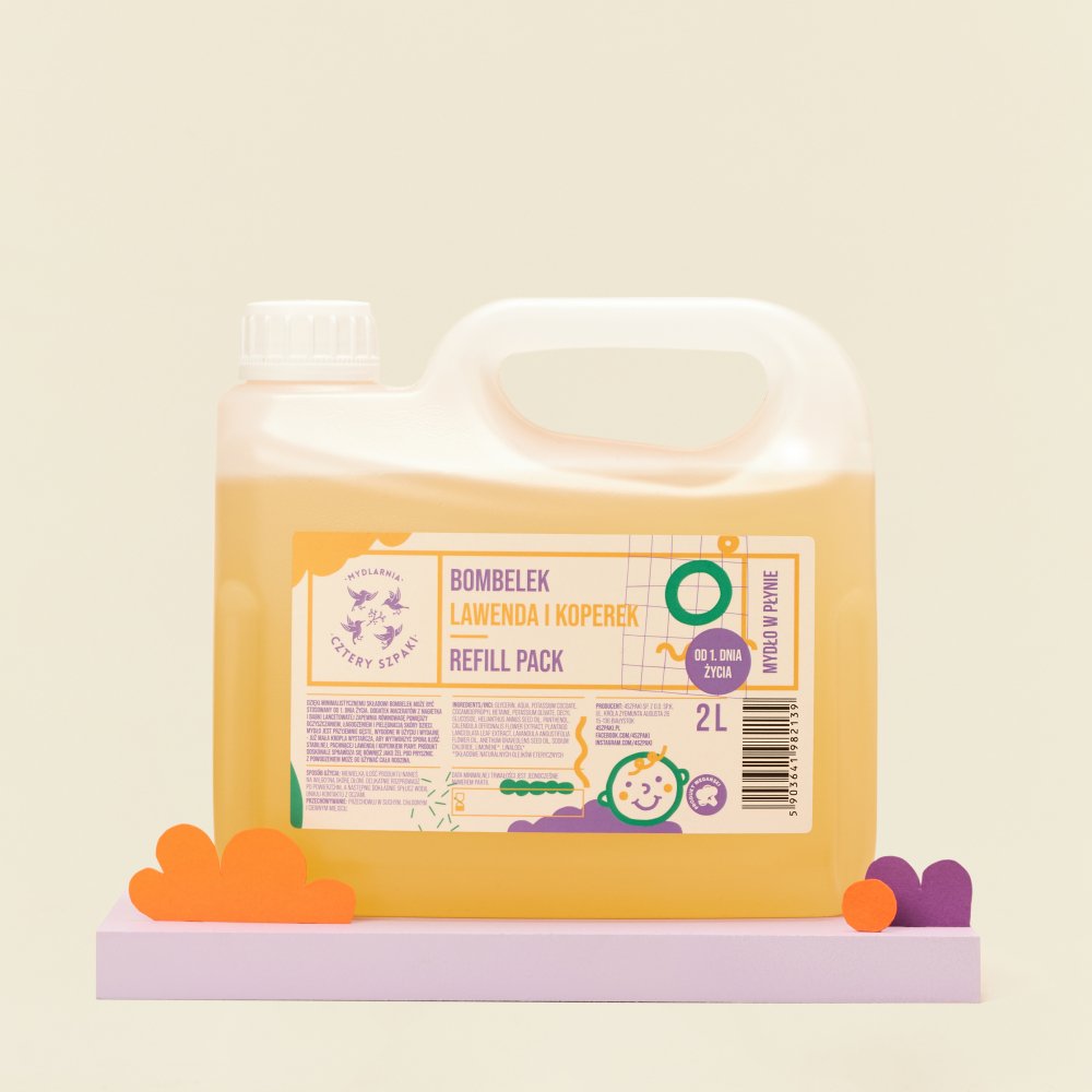 Naturalne mydło w płynie dla dzieci od 1. dnia życia w dwulitrowym opakowaniu typu refill Bombelek Lawenda i Koperek