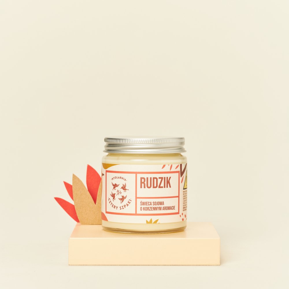 Świeca sojowa RUDZIK o korzennym aromacie w szklanym słoiku z aluminiową zakrętką
