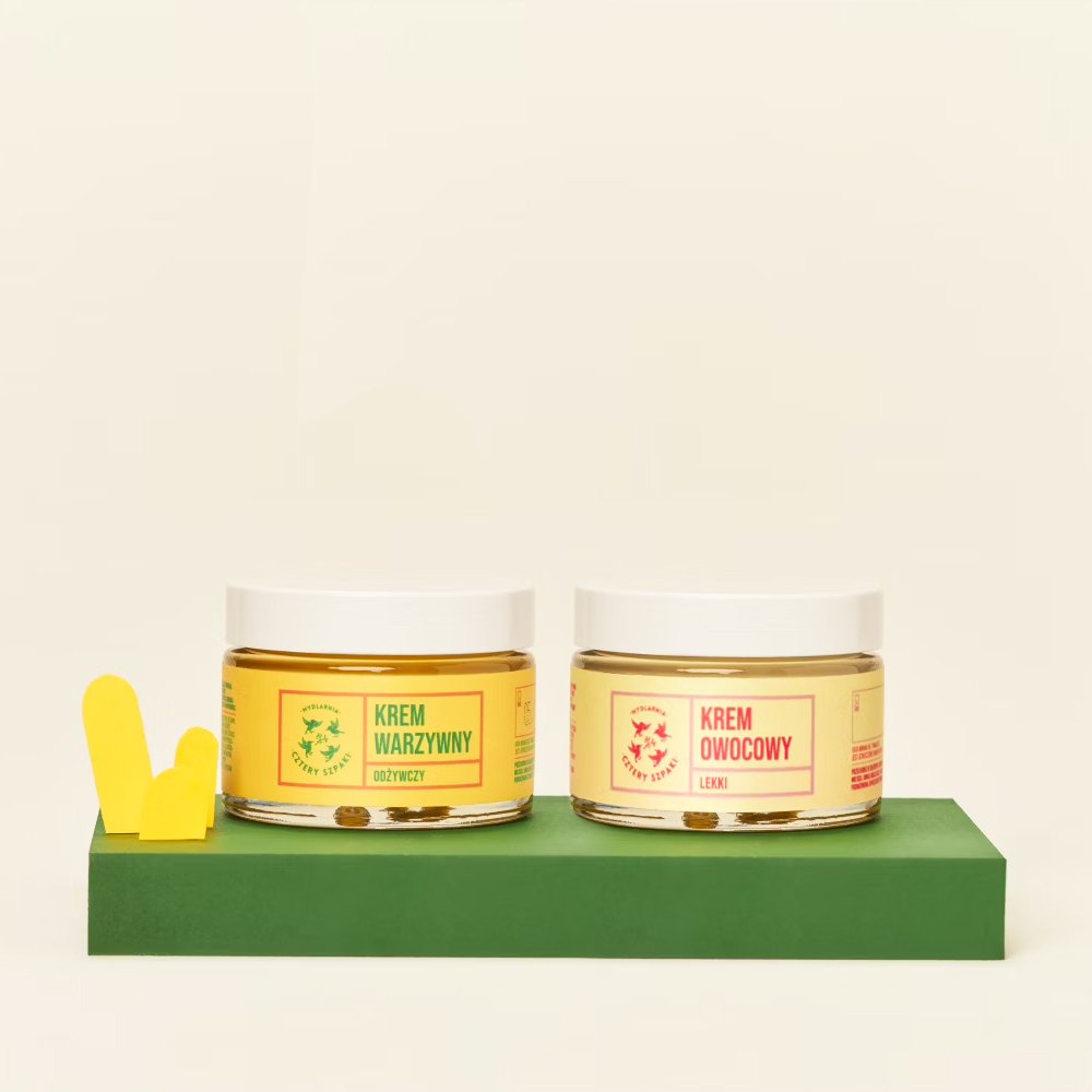 Zestaw dwóch kremów do twarzy w szklanych słoiczkach - Lekki krem Owocowy 50 ml i odżywczy krem Warzywny 50 ml